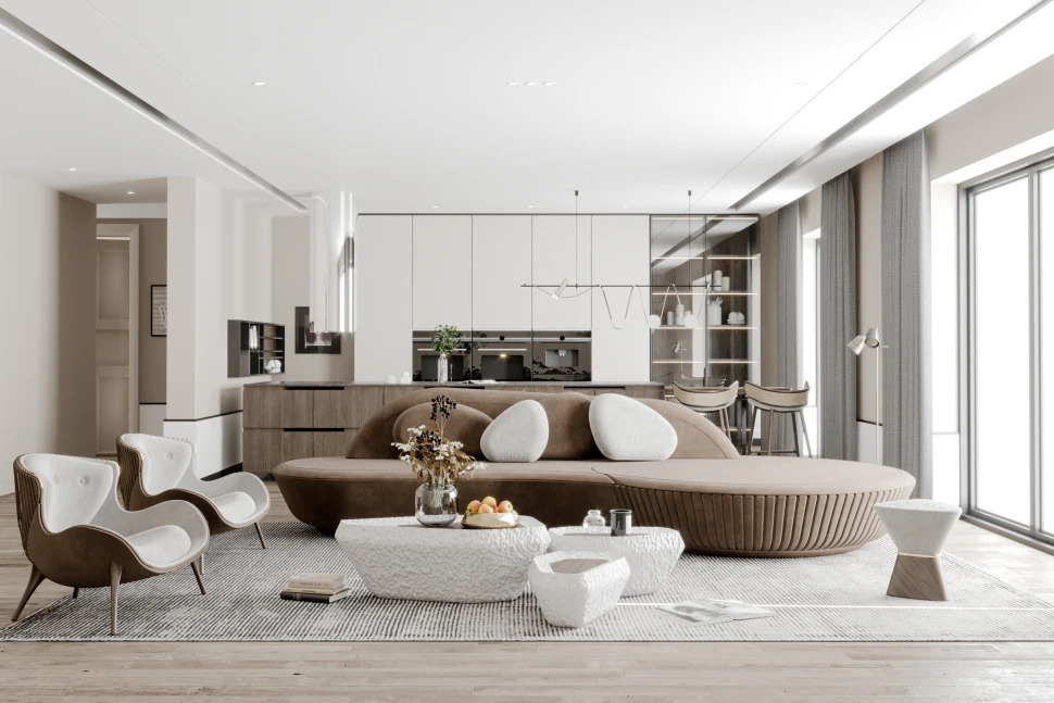sleek living room with a large sofa and chic chairs, creating a welcoming and modern space for gatherings