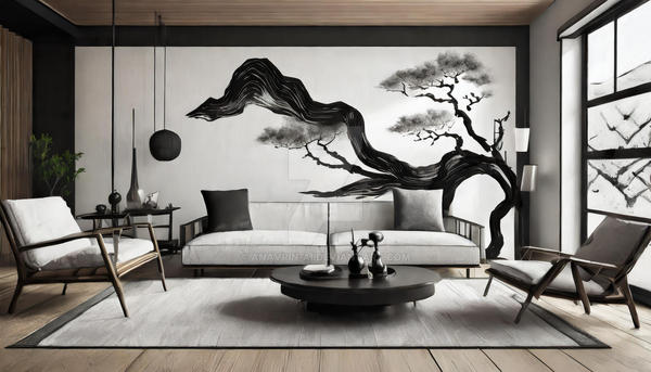 modern living room featuring a striking black and white tree mural on the wall, enhancing the contemporary decor