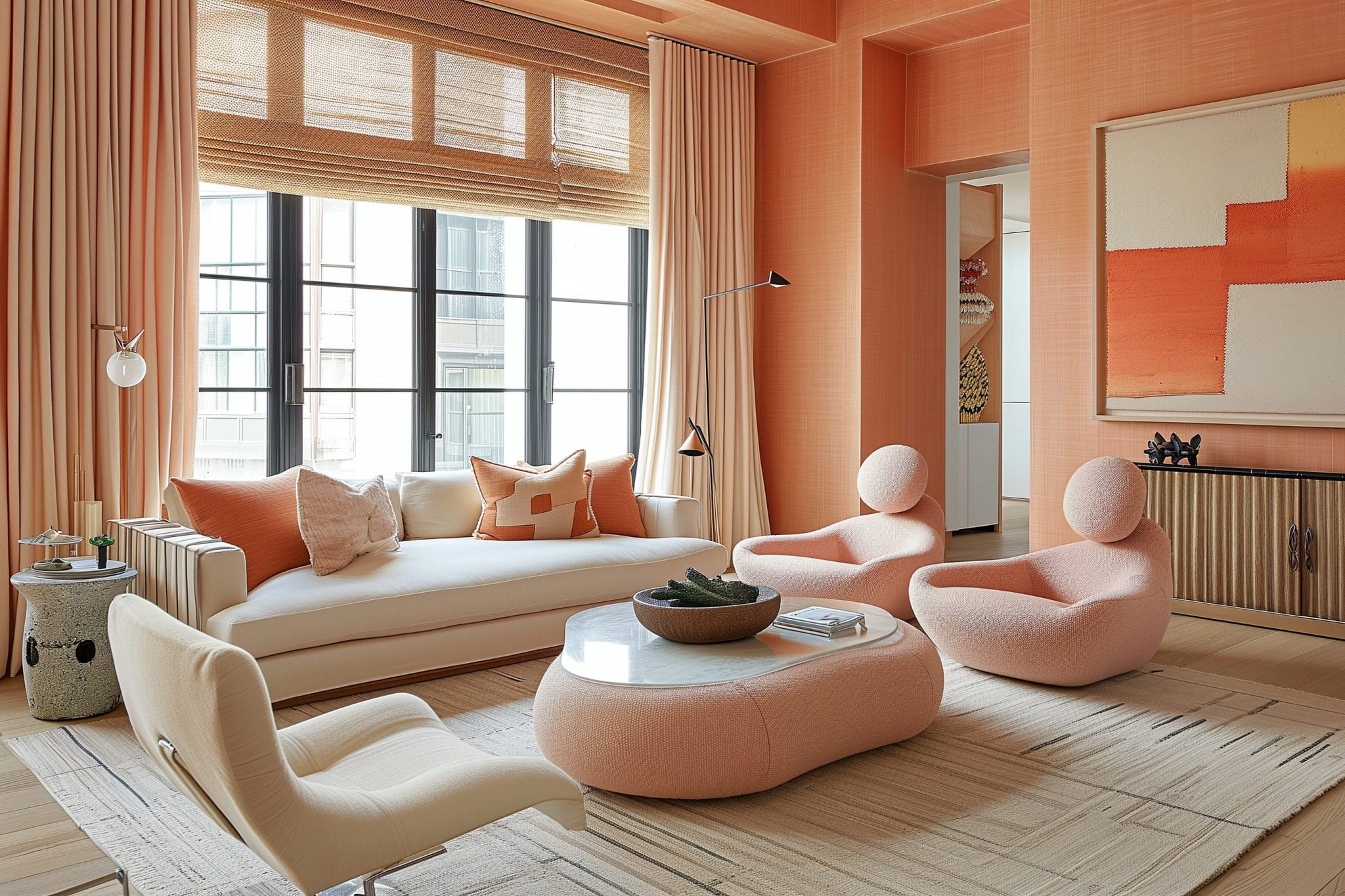stylish living room with bright orange walls and furniture, offering a cheerful and energetic ambiance