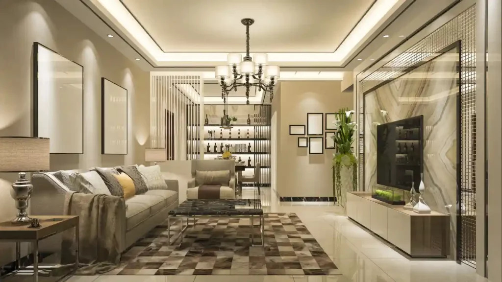 Contemporary living room with an elegant chandelier hanging above and a spacious mirror reflecting the room's design