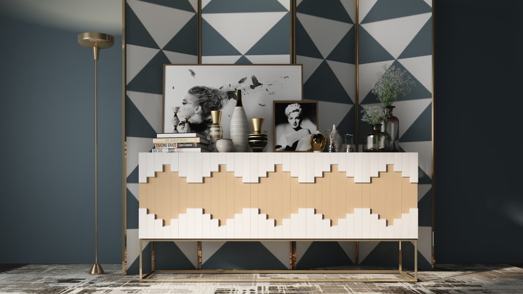 sleek sideboard adorned with geometric patterns, topped with a decorative lamp for added ambiance