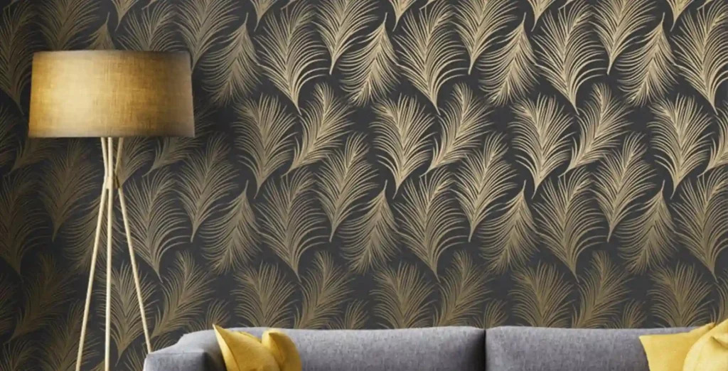 stylish living room featuring elegant gold and black wallpaper, creating a sophisticated atmosphere