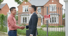 Two Asian men engaged in a handshake outside a house, representing a cordial meeting or business agreement