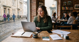 Young woman working on a laptop in a cosy cafe by the window, with coffee and notes on the table
