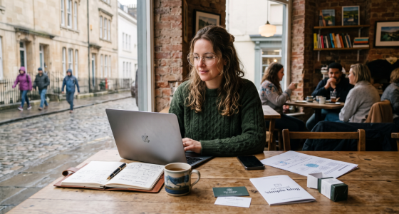 Young woman working on a laptop in a cosy cafe by the window, with coffee and notes on the table