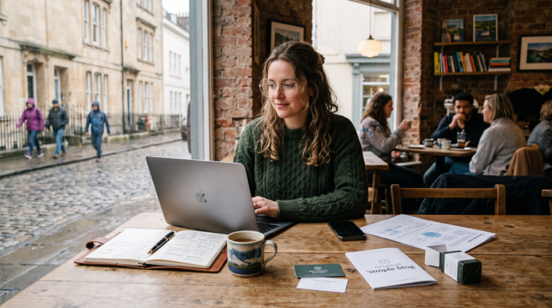 Young woman working on a laptop in a cosy cafe by the window, with coffee and notes on the table