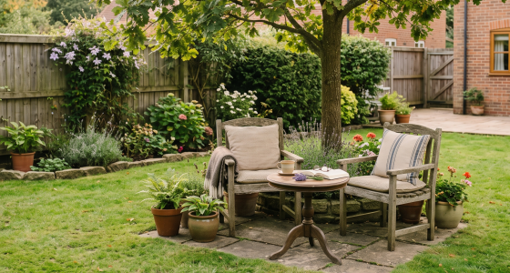 Cosy garden seating area with wooden chairs and table, surrounded by lush plants and a peaceful atmosphere