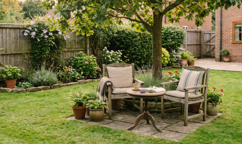 Cosy garden seating area with wooden chairs and table, surrounded by lush plants and a peaceful atmosphere
